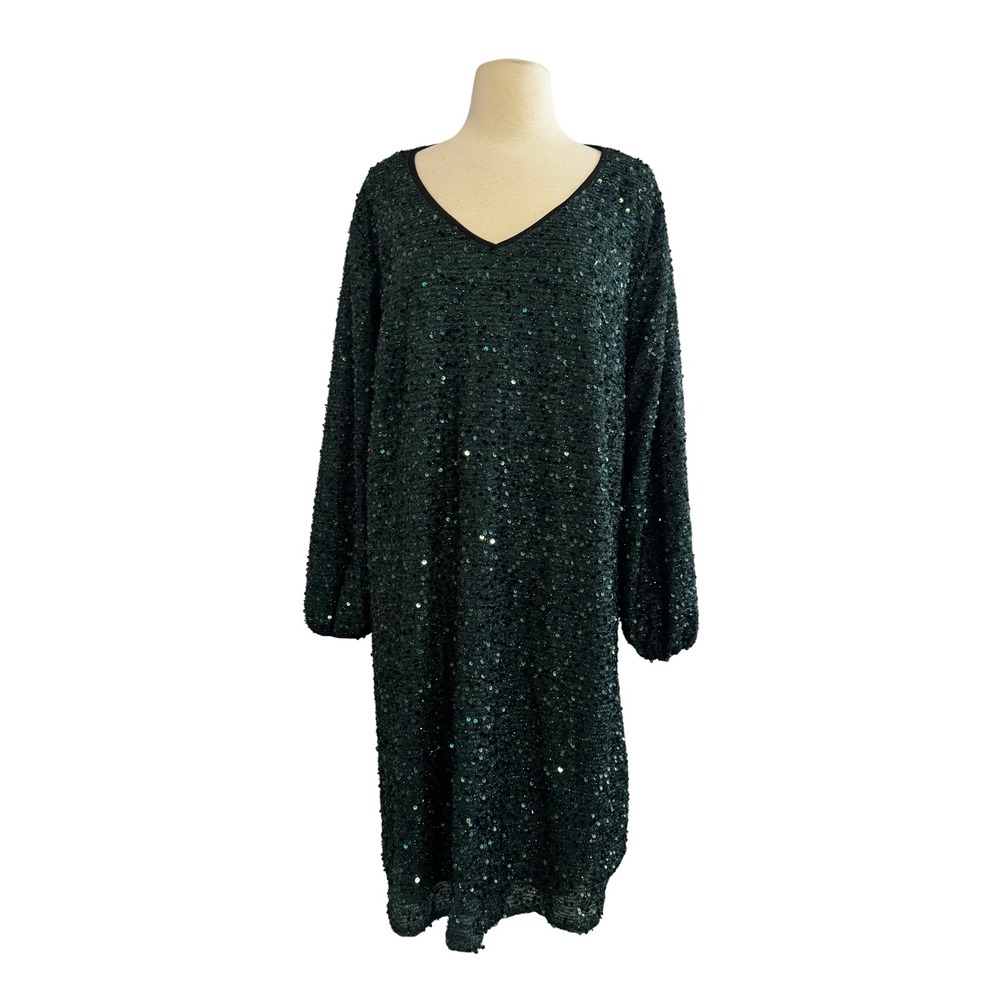 SHEIN Women's Hunter Green Sequin V-Neck Balloon Sleeve Shift Dress SZ 2XL